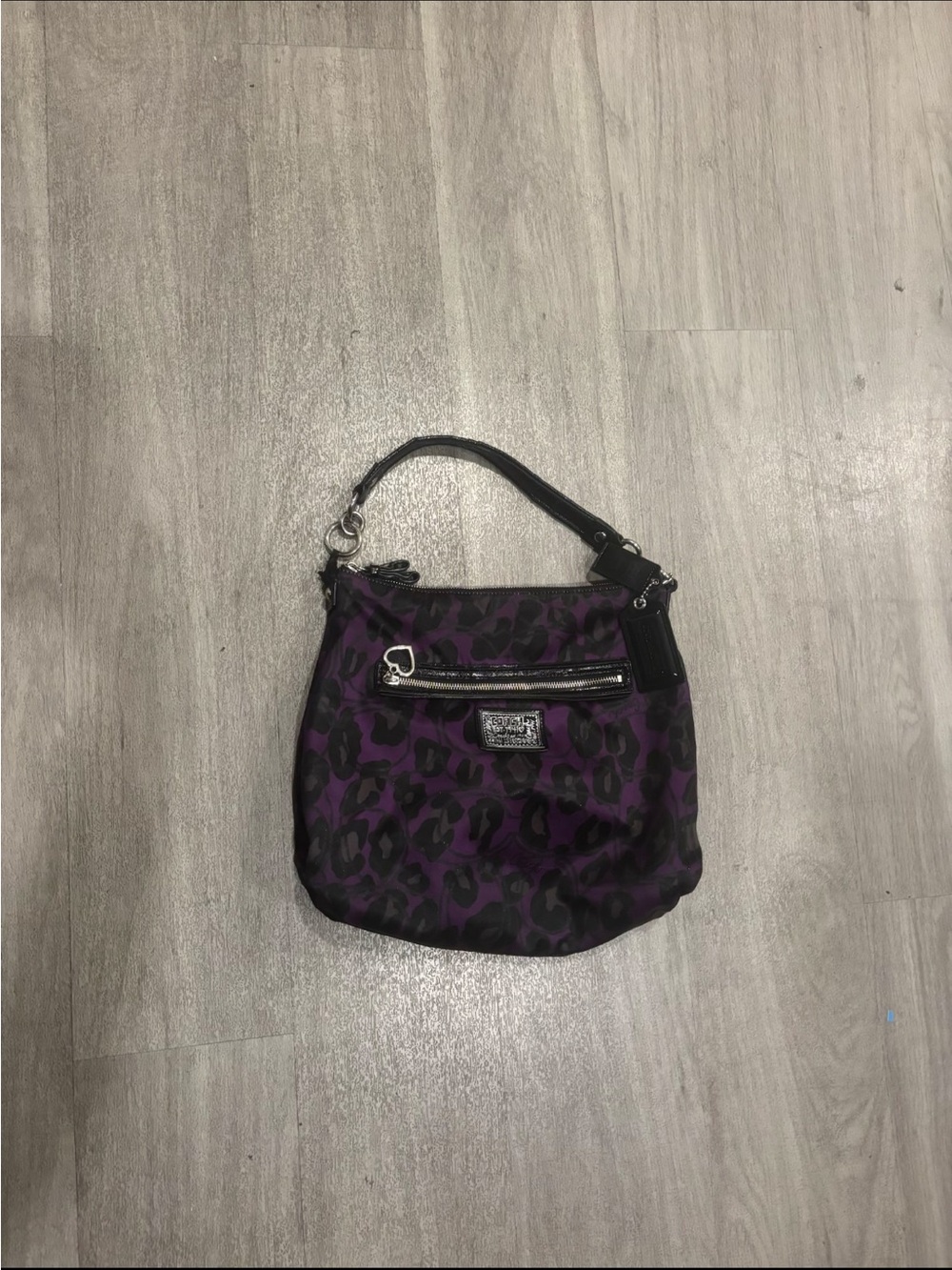 Coach Purple Leopard-Print Shoulder Bag with Black Strap check photos for strap